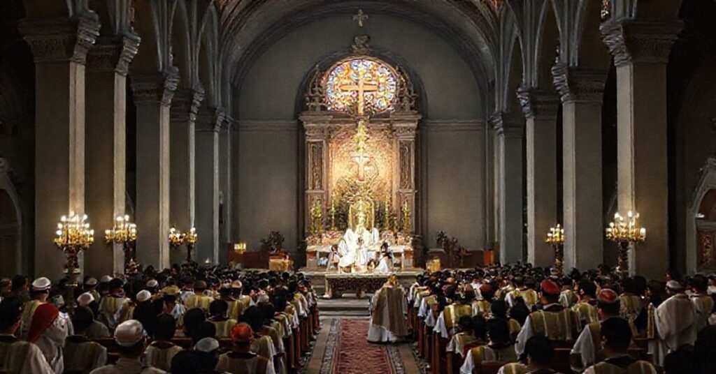 A traditional Catholic image depicting the 1959 territorial restructuring of Mexican dioceses under John XXIII, highlighting the newly erected Diocese of San Andrés Tuxtla and the solemn Latin Mass in its cathedral.