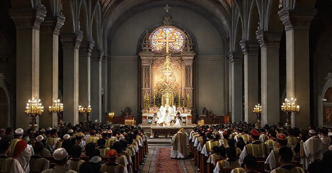 A traditional Catholic image depicting the 1959 territorial restructuring of Mexican dioceses under John XXIII, highlighting the newly erected Diocese of San Andrés Tuxtla and the solemn Latin Mass in its cathedral.