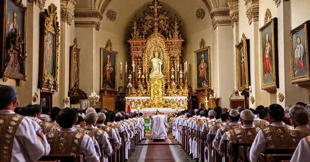 A Latin Mass at the Ecuadorian shrine of 'Nuestra Señora del Quinche', now a minor basilica, highlighting the 1959 decree's emphasis on aesthetic devotion over Christocentric doctrine.