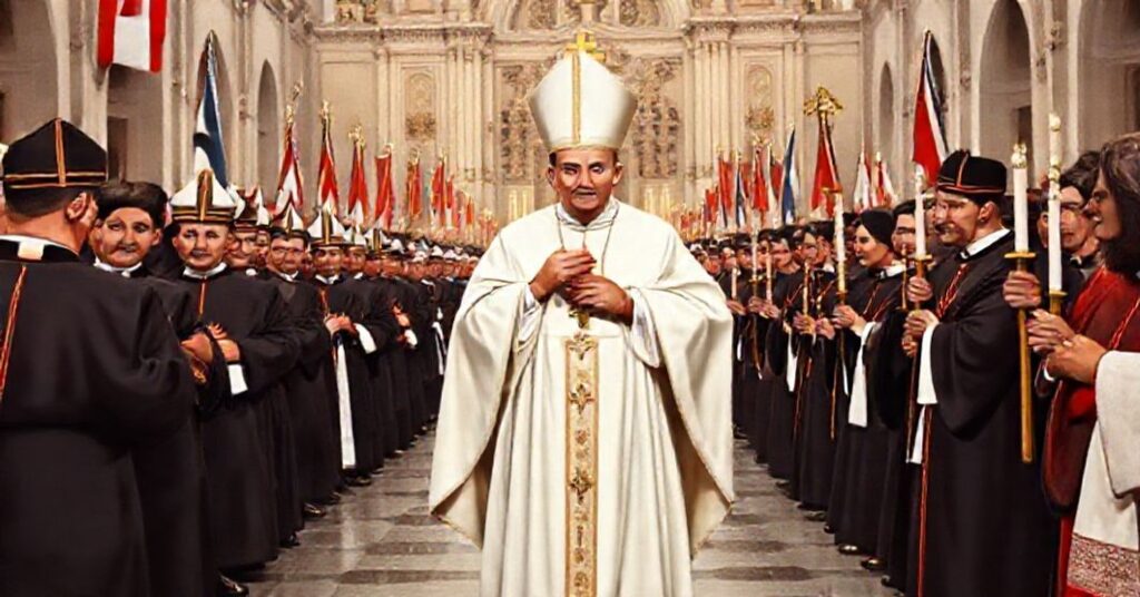 Cardinal Ferdinando Cento leading the 1959 National Eucharistic Congress in Córdoba, Tucumán, Argentina, with clergy and laity in a solemn procession.