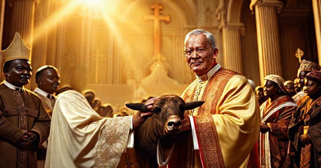Bishop John McCarthy receiving papal bull elevating Kaduna to metropolitan see in 1959, with Nigerian clergy and faithful in traditional attire.