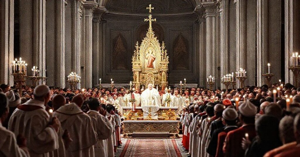 A solemn High Mass during the 1960 International Eucharistic Congress in Munich, with Cardinal Testa as the papal legate presiding over the ceremony.