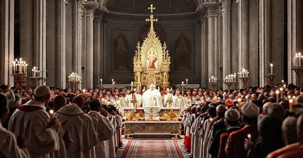 A solemn High Mass during the 1960 International Eucharistic Congress in Munich, with Cardinal Testa as the papal legate presiding over the ceremony.