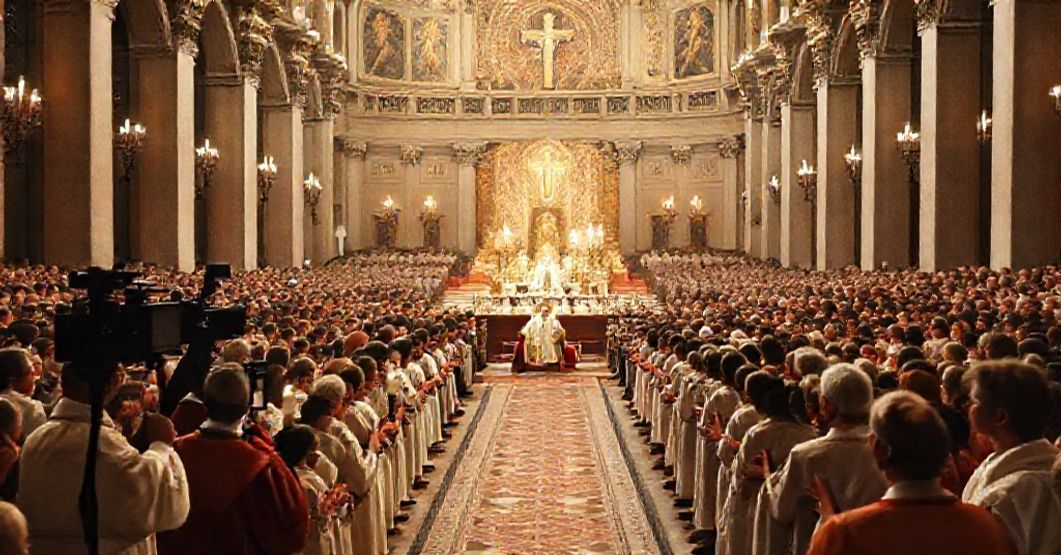 A traditional Catholic depiction of the 1960 International Eucharistic Congress in Munich, showing a solemn Mass with Cardinal Joseph Wendel and a large congregation.