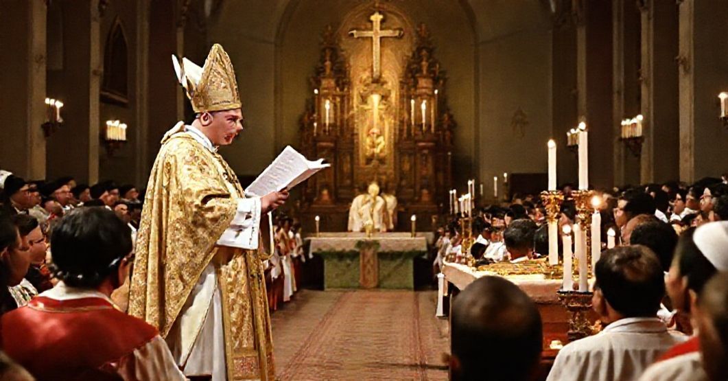 The 1960 National Eucharistic Congress in Piura, Peru A reverent depiction of the 1960 National Eucharistic Congress in Piura, Peru, featuring Cardinal Richard James Cushing reading the letter 'Alta stirpe' during a solemn Mass.