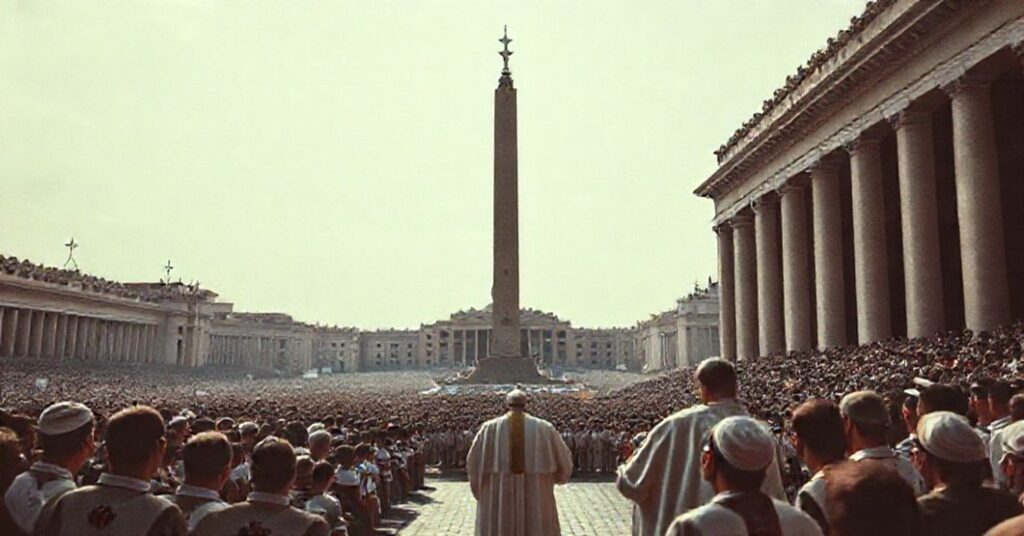 St. Peter's Square during the 1960 Olympic Games with John XXIII addressing athletes near the obelisk where St. Peter was martyred.