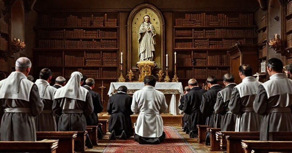 Traditional Catholic seminary scene with seminarians praying before an altar with St. Gabriel statue, symbolizing orthodox priestly formation.