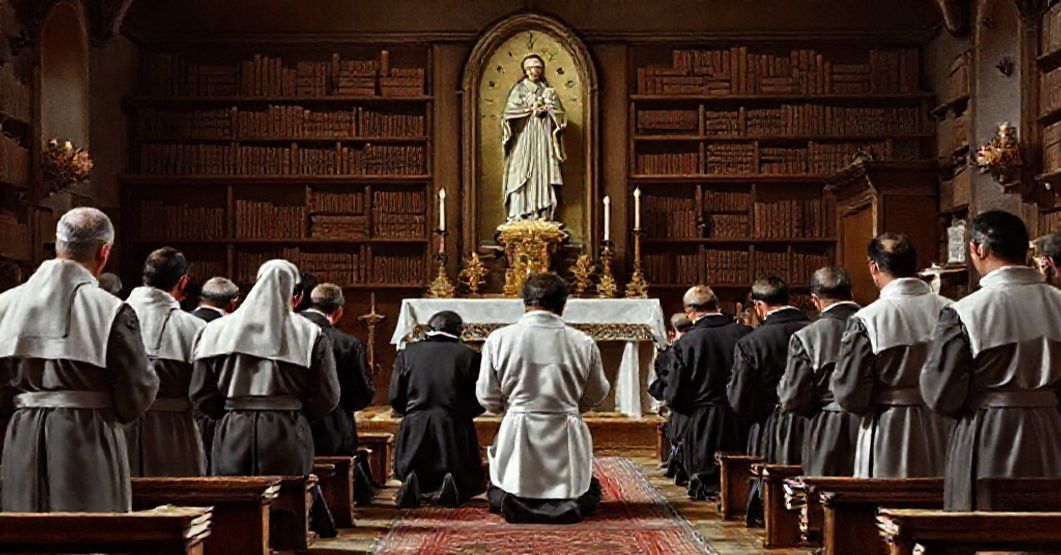 Traditional Catholic seminary scene with seminarians praying before an altar with St. Gabriel statue, symbolizing orthodox priestly formation.