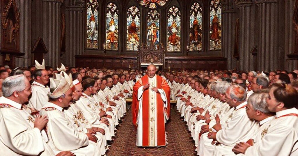 A reverent depiction of the 1961 catechetical convention in Dallas, Texas, with Cardinal Amleto Cicognani as papal legate, surrounded by bishops and catechists in a grand cathedral setting.
