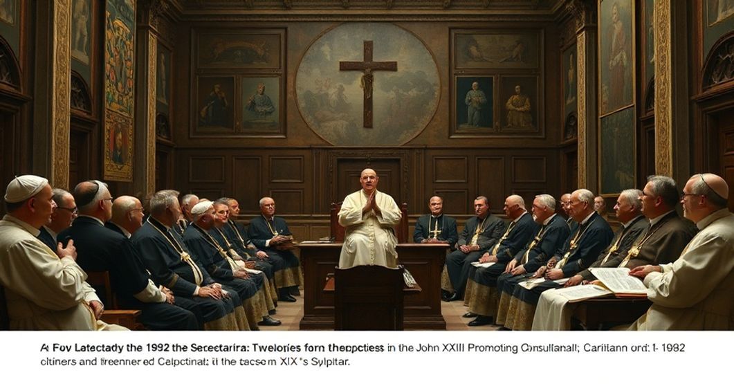 An image depicting the 1962 allocution by John XXIII to the Secretariat for Promoting Christian Unity, highlighting the doctrinal betrayal and ecclesiastical crisis of Vatican II.