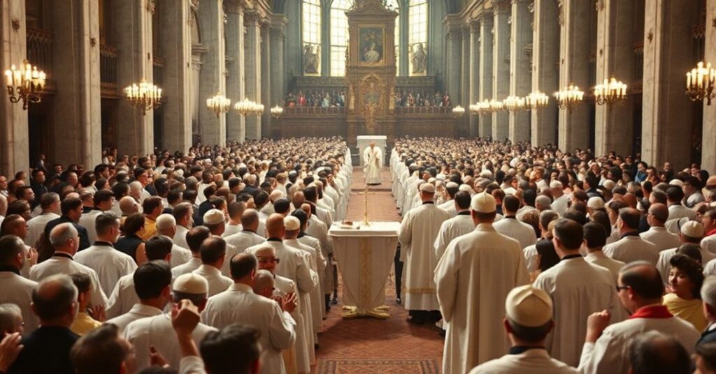A reverent depiction of the 37th International Eucharistic Congress in Munich (1960), showing a traditional Catholic Mass with a large crowd of faithful participating in the Eucharistic procession.