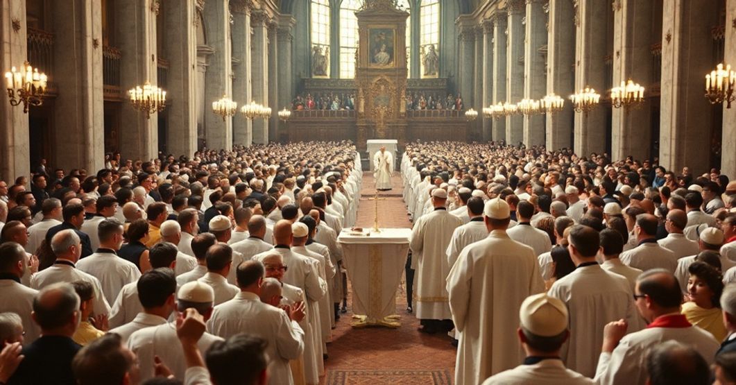 A reverent depiction of the 37th International Eucharistic Congress in Munich (1960), showing a traditional Catholic Mass with a large crowd of faithful participating in the Eucharistic procession.