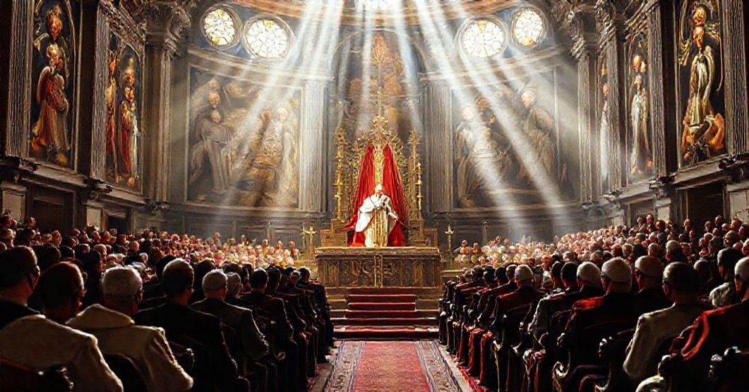 Solemn depiction of John XXIII addressing the Central Commission preparing Vatican II in a grand Vatican hall adorned with stained-glass windows and frescoes.