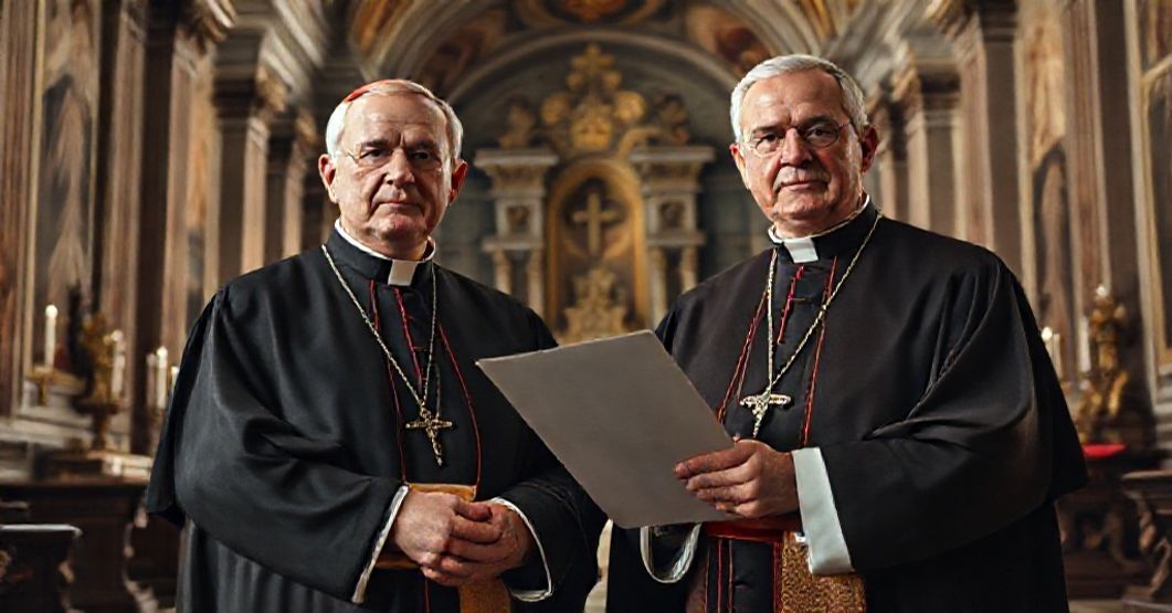 Portrait of John XXIII and Joseph Pizzardo in a Roman chapel, symbolizing the spiritual emptiness and institutional corruption of the conciliar regime.