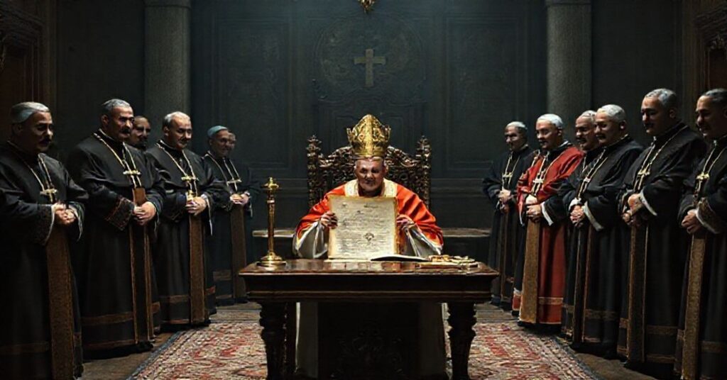 John XXIII issuing the constitution Rivi Nigri in 1960 surrounded by bishops and clergy in a Vatican room