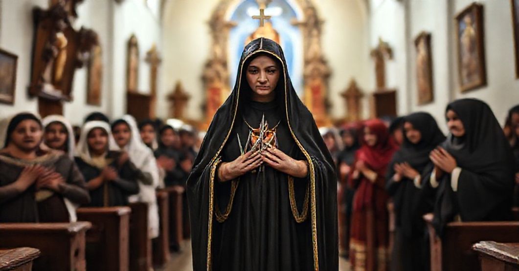 A reverent depiction of Our Lady of the Seven Sorrows in a Guatemalan cathedral, symbolizing Catholic devotion before the conciliar revolution.