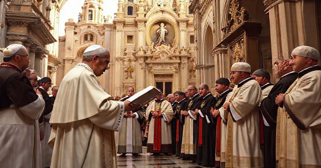Pope John XXIII presenting the apostolic constitution 'Oriolensis' to clerics in front of Orihuela Cathedral and St. Nicholas Concathedral in Alicante, Spain.