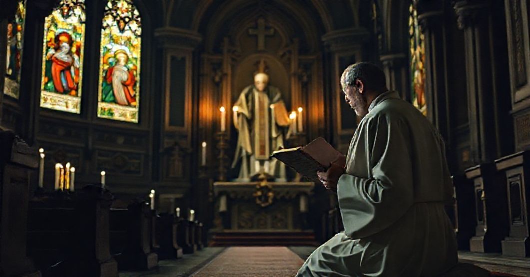 Sacerdotii Nostri Primordia: Traditional Priestly Ideals vs. Modernist Deception A Catholic priest in a traditional church kneeling before St. John Mary Vianney's statue with an encyclical, highlighting the tension between traditional priestly ideals and modernist deception.