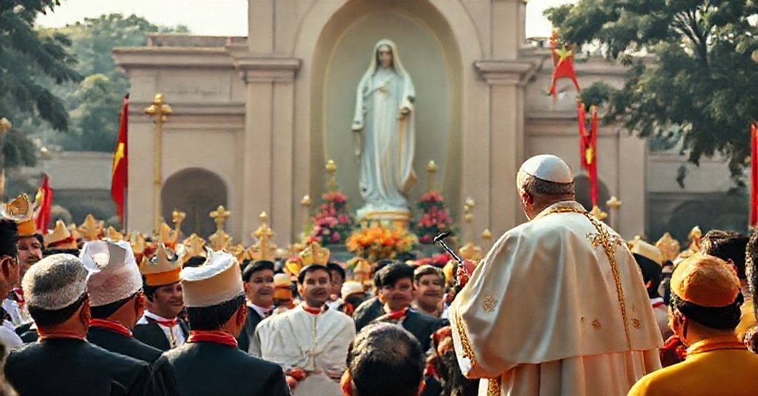 A traditional Catholic gathering in Saigon, Vietnam, during the centenary of the Lourdes apparitions and 300th anniversary of the apostolic vicariates. John XXIII addresses Vietnamese clergy and faithful in front of a statue of Our Lady of Lourdes.