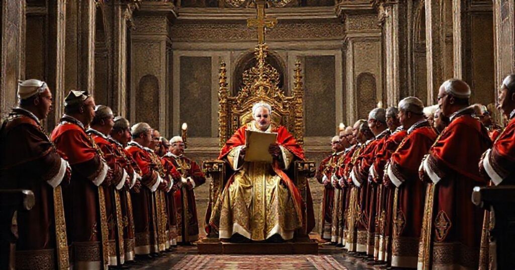 A solemn depiction of the abolishment of the right of option for suburbicarian sees by John XXIII in a traditional Catholic church setting.