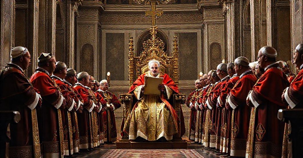 Abolishment of the Right of Option for Suburbicarian Sees by John XXIII A solemn depiction of the abolishment of the right of option for suburbicarian sees by John XXIII in a traditional Catholic church setting.