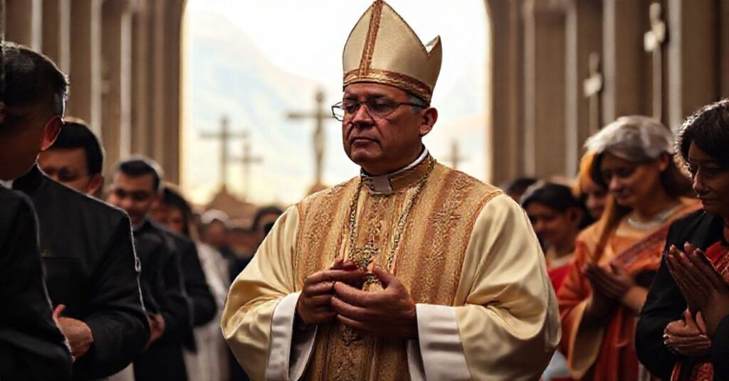 A reverent Latin American bishop in traditional vestments praying in a cathedral with faithful Catholics, symbolizing the region's Catholic heritage and the themes of Ad Dilectos (1961).