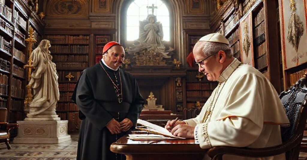 A traditional Catholic scene depicting an antipope writing a letter to a cardinal in a grand Vatican library.