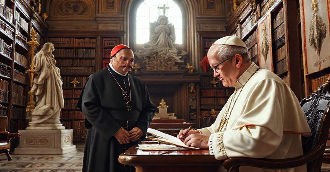 A traditional Catholic scene depicting an antipope writing a letter to a cardinal in a grand Vatican library.