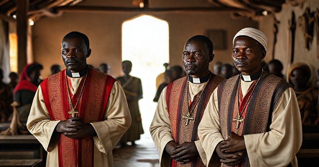 African missionaries in traditional Catholic vestments standing solemnly in a colonial-era mission territory, reflecting the historical context of EO INTENDENTES.