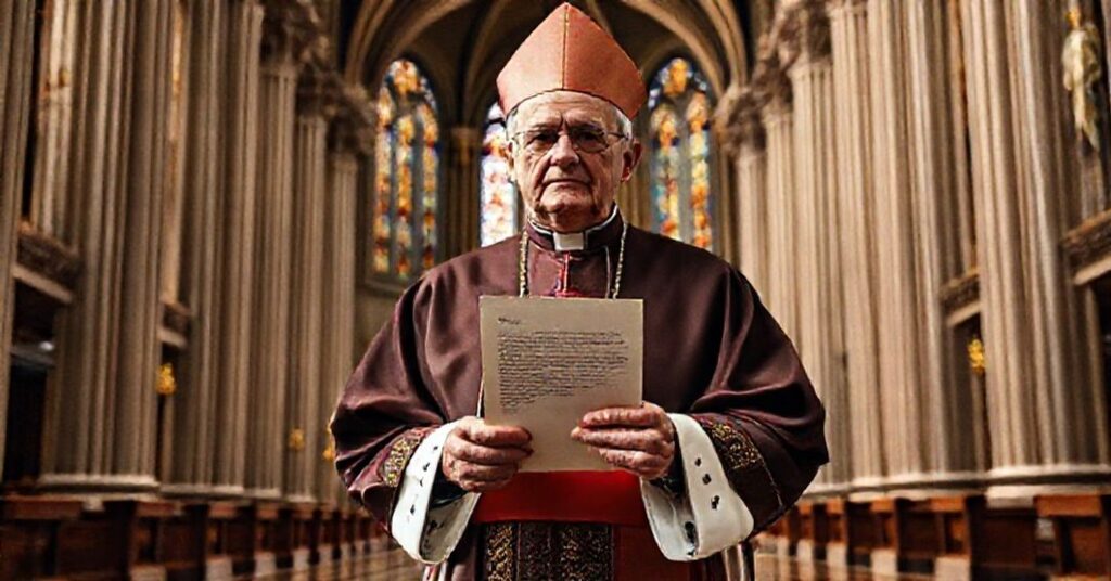 Aged Catholic bishop holding a letter from antipope John XXIII in a historic Latin American cathedral, symbolizing the betrayal of Pius X's anti-modernist legacy.