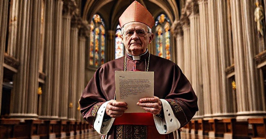Aged Catholic bishop holding a letter from antipope John XXIII in a historic Latin American cathedral, symbolizing the betrayal of Pius X's anti-modernist legacy.