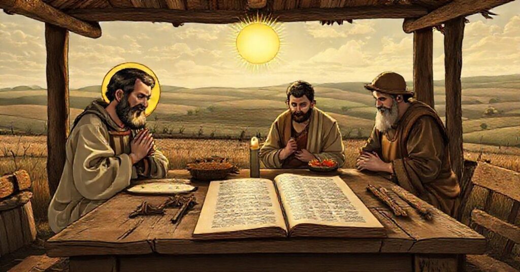 A Catholic rural scene depicting a peasant family praying with an open letter Agri culturam by antipope John XXIII on a wooden table, St. Isidore in a radiant nimbus, emphasizing piety over Christ's social kingship.