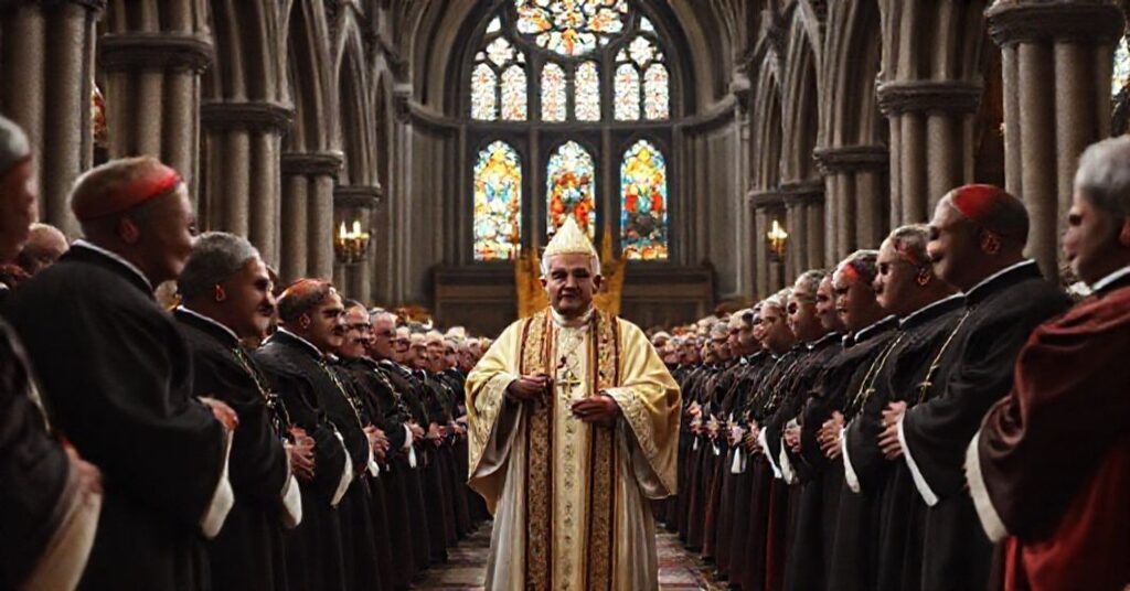 Alfredo Cardinal Ottaviani as papal legate for the centenary of the Canadian hierarchy in a grand cathedral, reflecting the pious facade and hidden turmoil of the conciliar revolution.