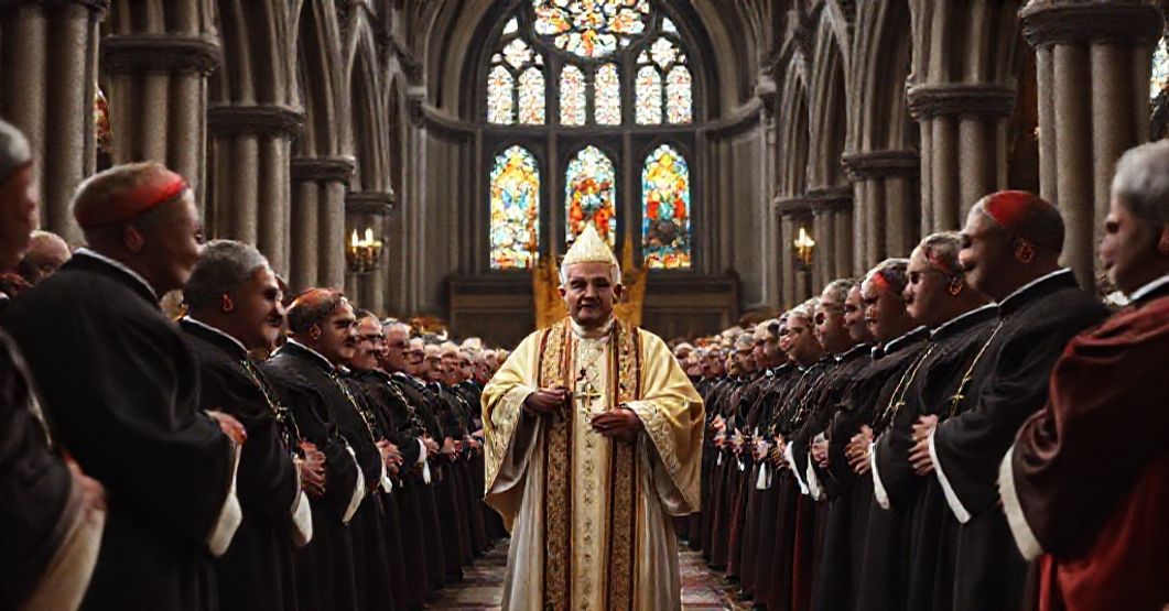 Alfredo Cardinal Ottaviani as papal legate for the centenary of the Canadian hierarchy in a grand cathedral, reflecting the pious facade and hidden turmoil of the conciliar revolution.