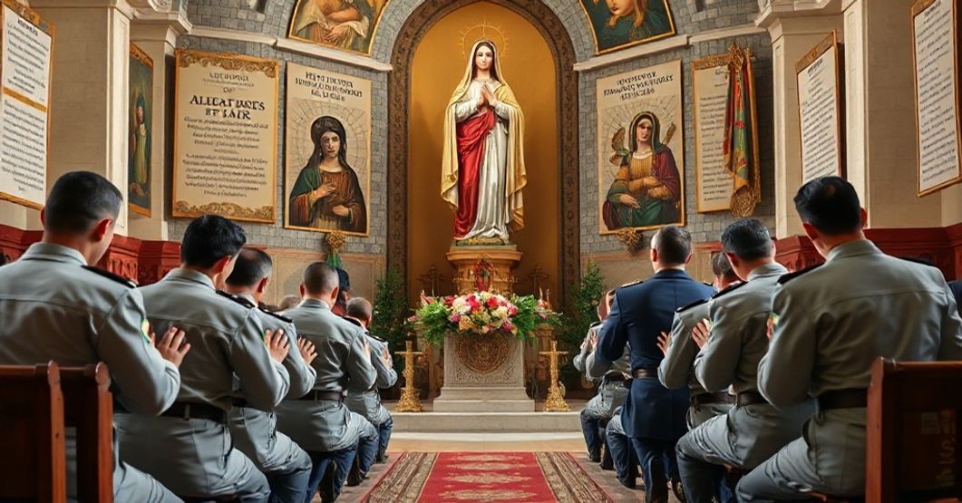Portuguese aviators kneeling in prayer before a statue of Our Lady of the Air, symbolizing the distortion of Marian devotion under false authority in the 1960 decree 'Aligera Cymba' by John XXIII.
