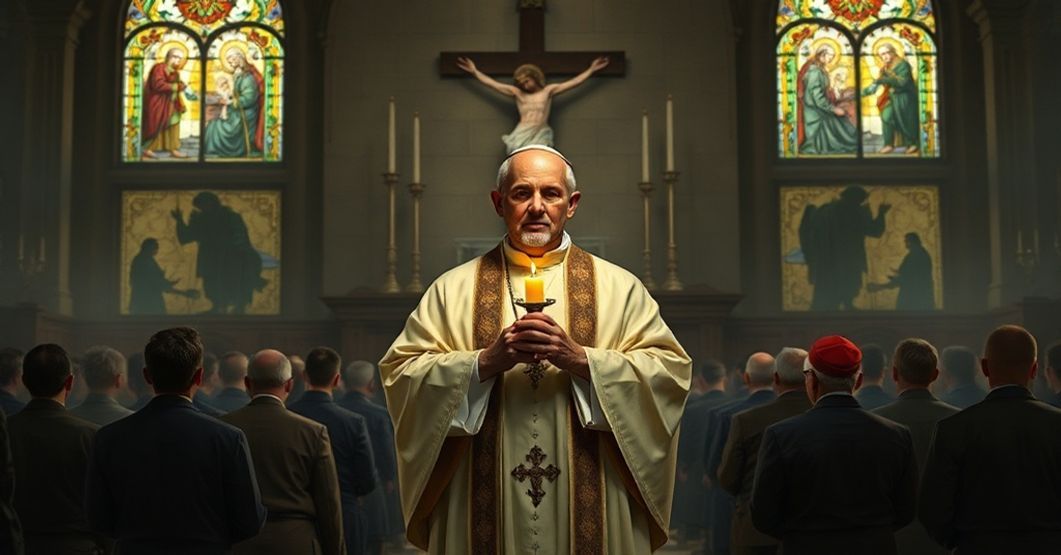 A Catholic bishop in traditional vestments leads a group in prayer for peace, contrasting with the shadowy figures of Algerian conflict in the background.