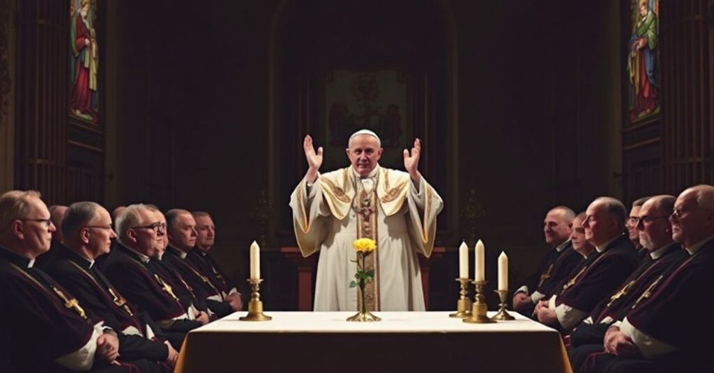 A somber, traditional Catholic setting depicting the allocution of John XXIII on 3 April 1962, with the Pope addressing a group of bishops in a dimly lit Vatican hall.