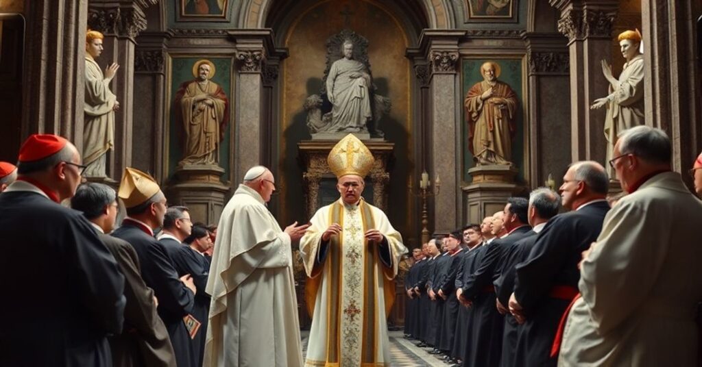 A solemn depiction of antipope John XXIII addressing clerics at the Roman Synod in 1960, highlighting the tension between pious rhetoric and the emerging conciliar revolution.