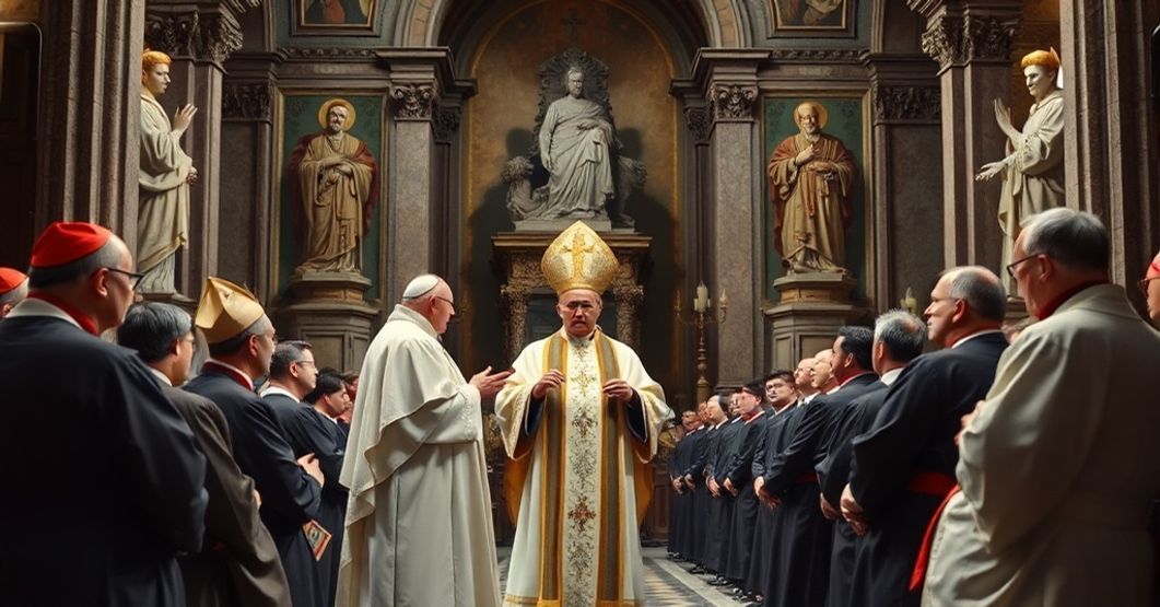 Antipope John XXIII and the Roman Synod - A Scene of Hidden Dangers A solemn depiction of antipope John XXIII addressing clerics at the Roman Synod in 1960, highlighting the tension between pious rhetoric and the emerging conciliar revolution.
