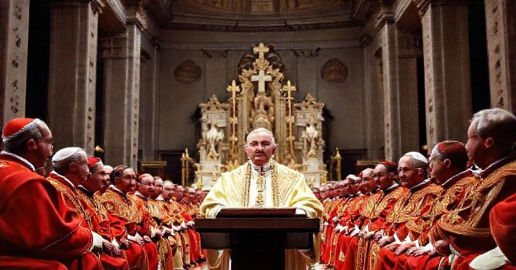 A traditional Catholic scene of Angelo Roncalli addressing preparatory commissions for Vatican II in St. Peter's Basilica, reflecting a shift from doctrinal defense to pastoral aggiornamento.