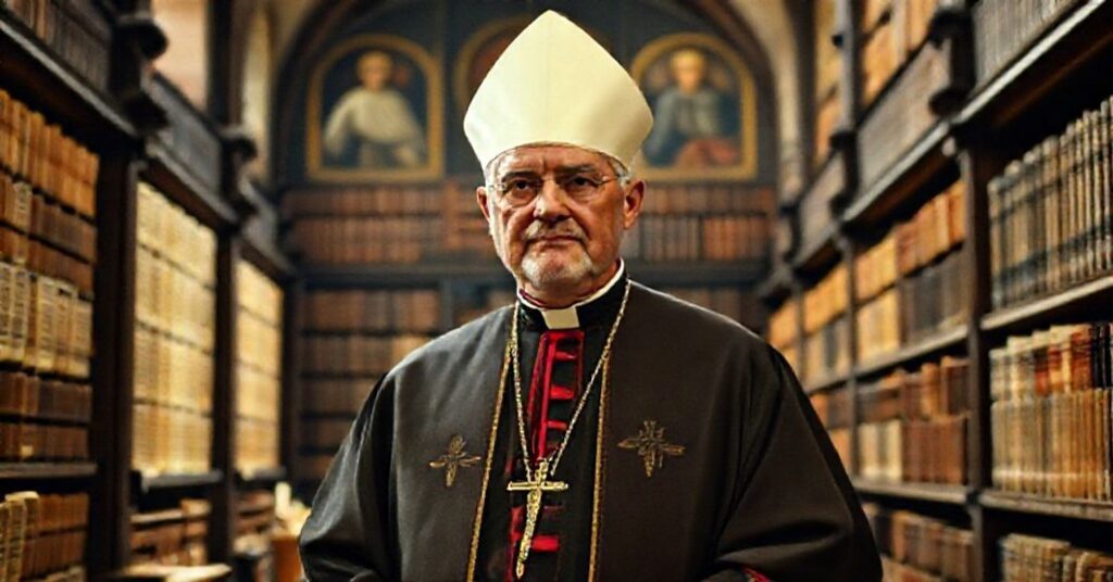 Archbishop Carlo Maria Martini in the historic Biblioteca Ambrosiana surrounded by ancient manuscripts and sacred books, with faint images of St. Ambrose and St. Charles Borromeo in the background.