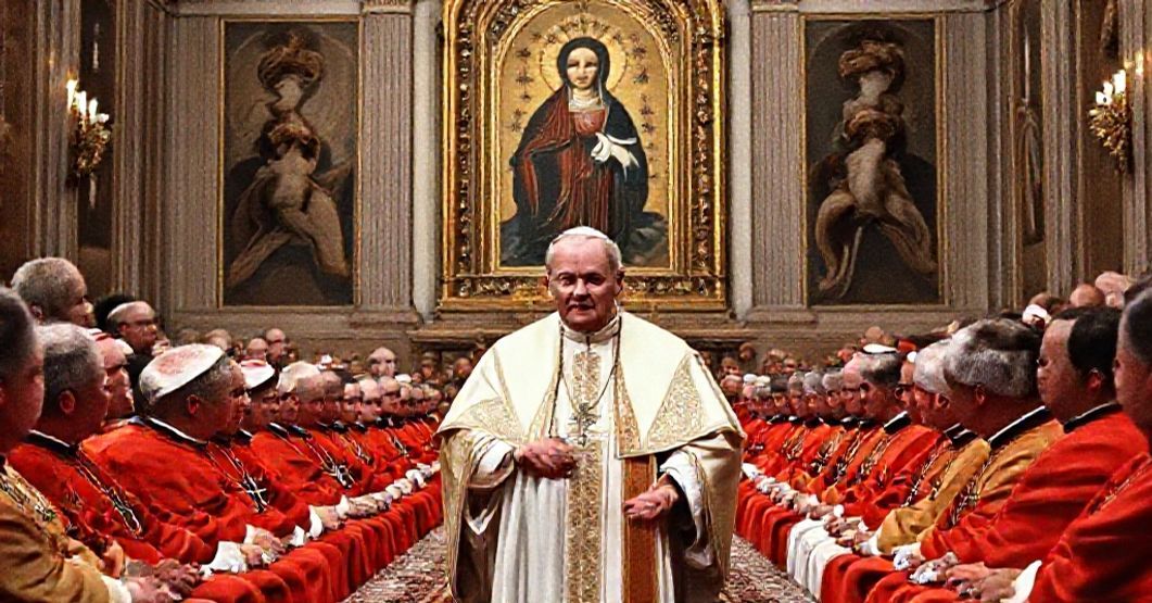 Antipope John XXIII addressing the Central Commission for Vatican II in 1962, surrounded by cardinals and clergy in traditional liturgical vestments in a grand Vatican hall adorned with religious art.