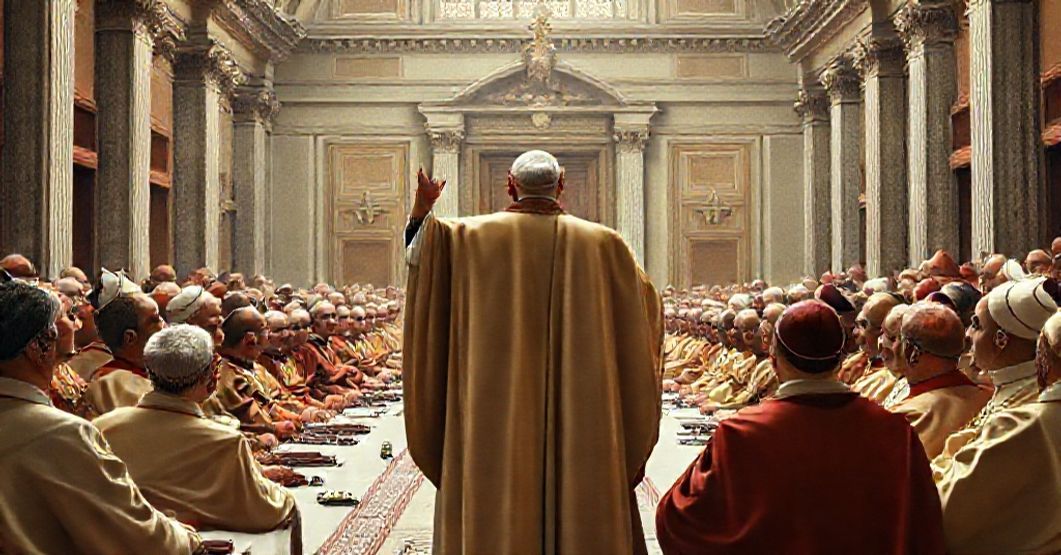 Antipope John XXIII addressing the Central Commission for Vatican II in a grand Vatican hall, symbolizing the conciliar spirit of naturalism and institutionalized ambiguity.