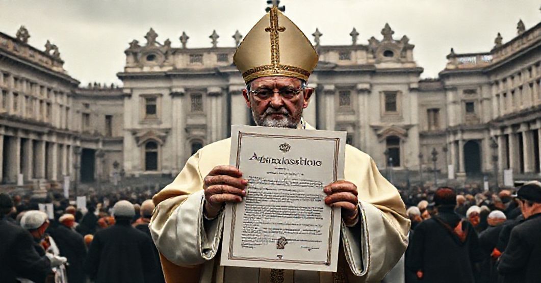 Antipope John XXIII holding a document titled 'Amantissimo Patris' in front of a desolate Vatican background, symbolizing the betrayal of Catholic doctrine.
