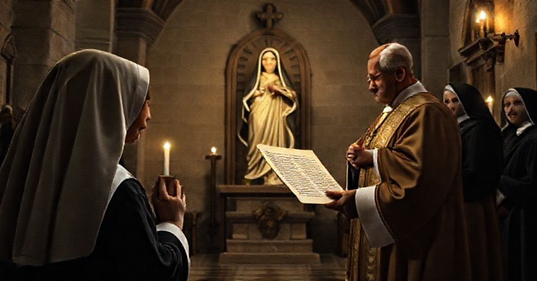 A sacred image of a Carmelite nun praying before St. Teresa of Jesus while Cardinal Cento holds the letter 'Causa praeclara,' symbolizing the misuse of St. Teresa's legacy for the Vatican II agenda.
