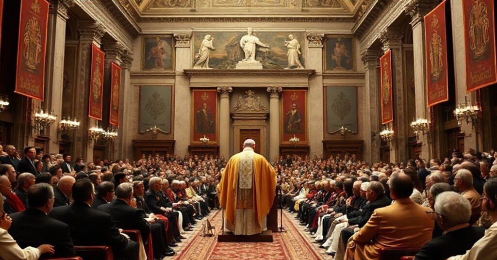 Antipope John XXIII addressing an international Ciceronian congress in Rome, 1959. A traditional Catholic gathering with classical Latin banners and religious symbols.