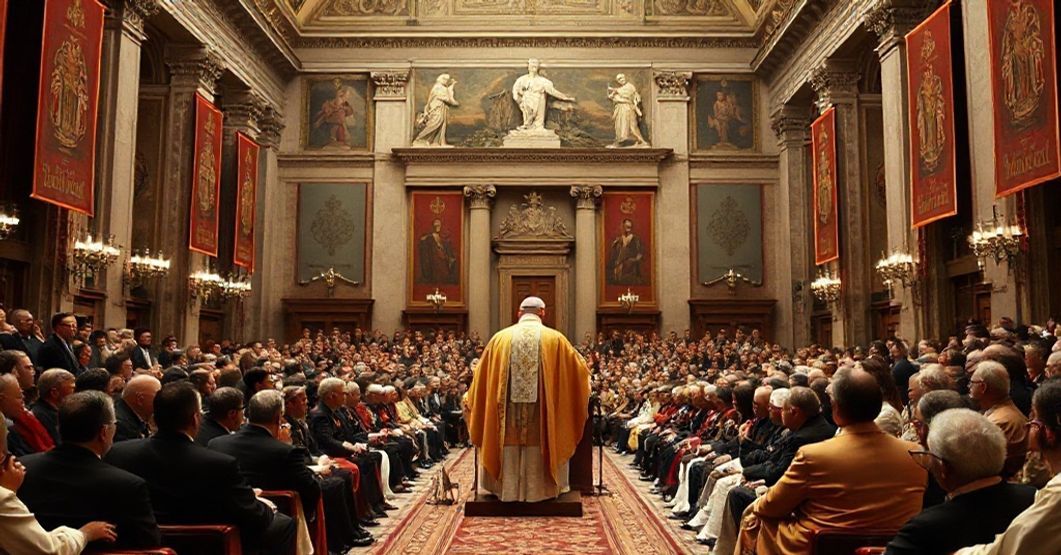 Antipope John XXIII addressing an international Ciceronian congress in Rome, 1959. A traditional Catholic gathering with classical Latin banners and religious symbols.