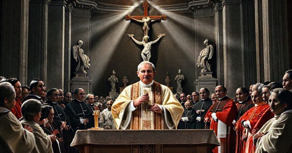 Antipope John XXIII delivering his allocution at the closing of the First Roman Diocesan Synod in 1960, surrounded by cardinals and clergy in St. Peter's Basilica.