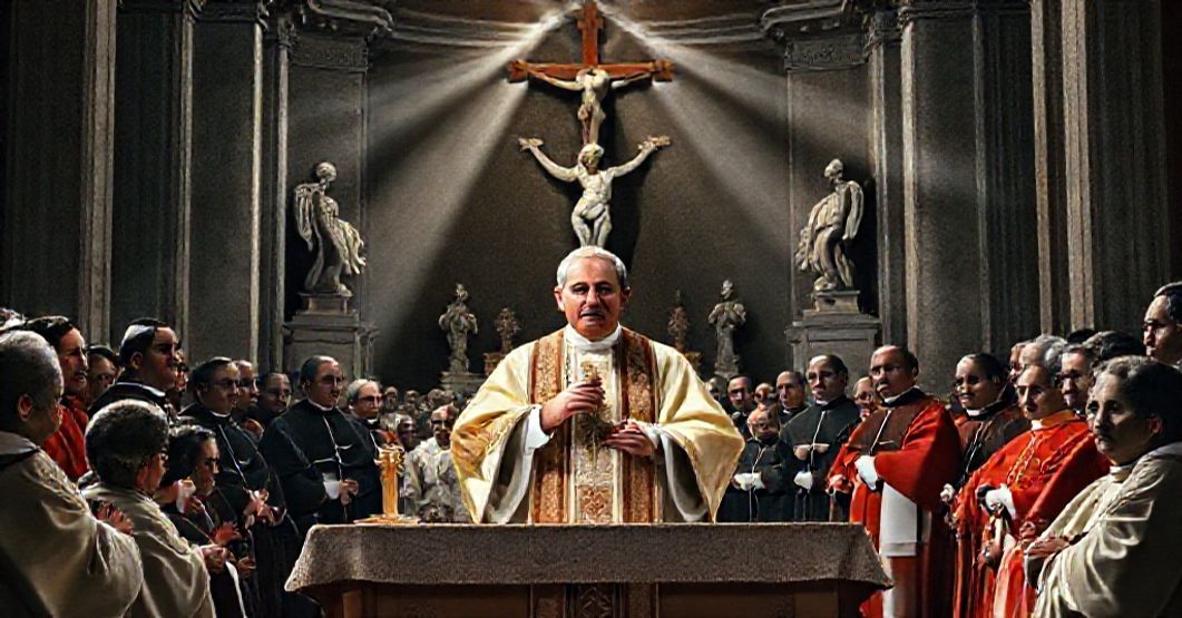 Antipope John XXIII delivering his allocution at the closing of the First Roman Diocesan Synod in 1960, surrounded by cardinals and clergy in St. Peter's Basilica.