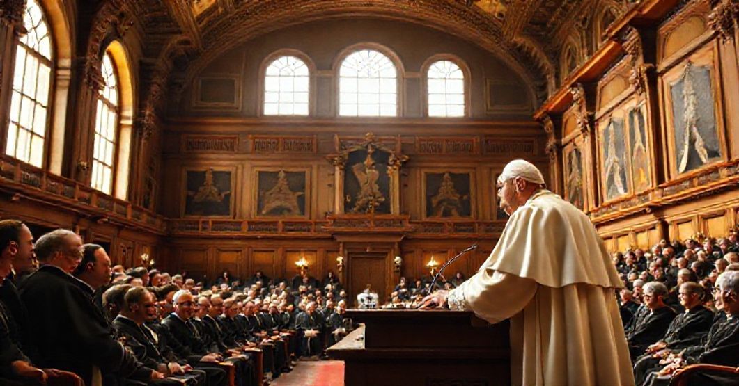 Antipope John XXIII delivering an allocution at the Pontifical Gregorian University in 1959, surrounded by clerics and academics in a traditional Catholic lecture hall.